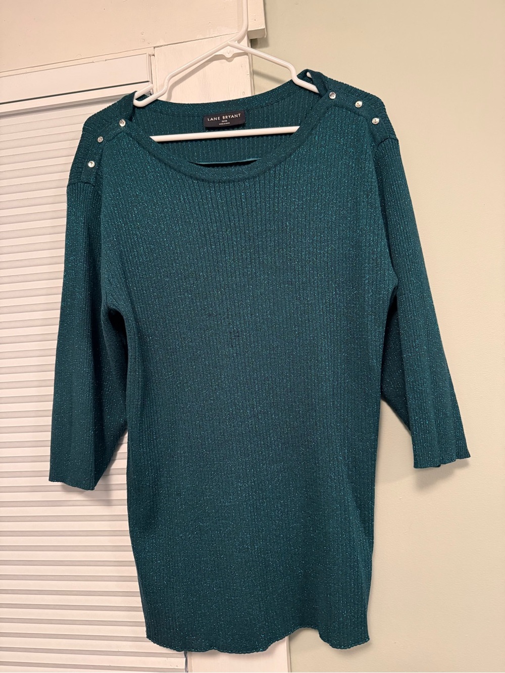 Lane Bryant Green Metallic Knit Top with Shoulder Studs